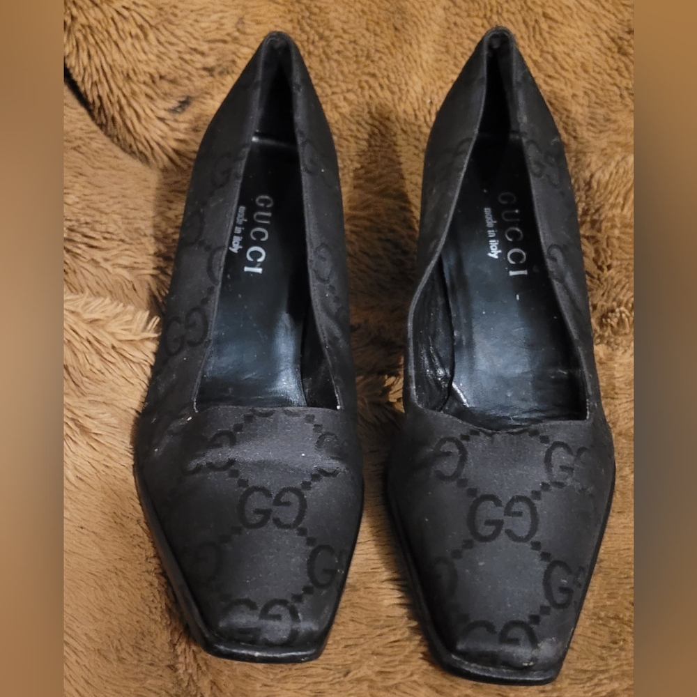 Gucci WOMEN CLOTH LEATHER BLACK CHUNKY Black Heels AUTHENTIC - Picture 4 of 13